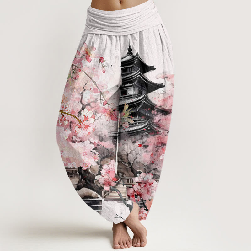 Buddha Stones Cotton Pavilion Cherry Blossom Pattern Women's Elastic Waist Harem Pants - White - US22,UK/AU26,EU54 (6XL) - image 0