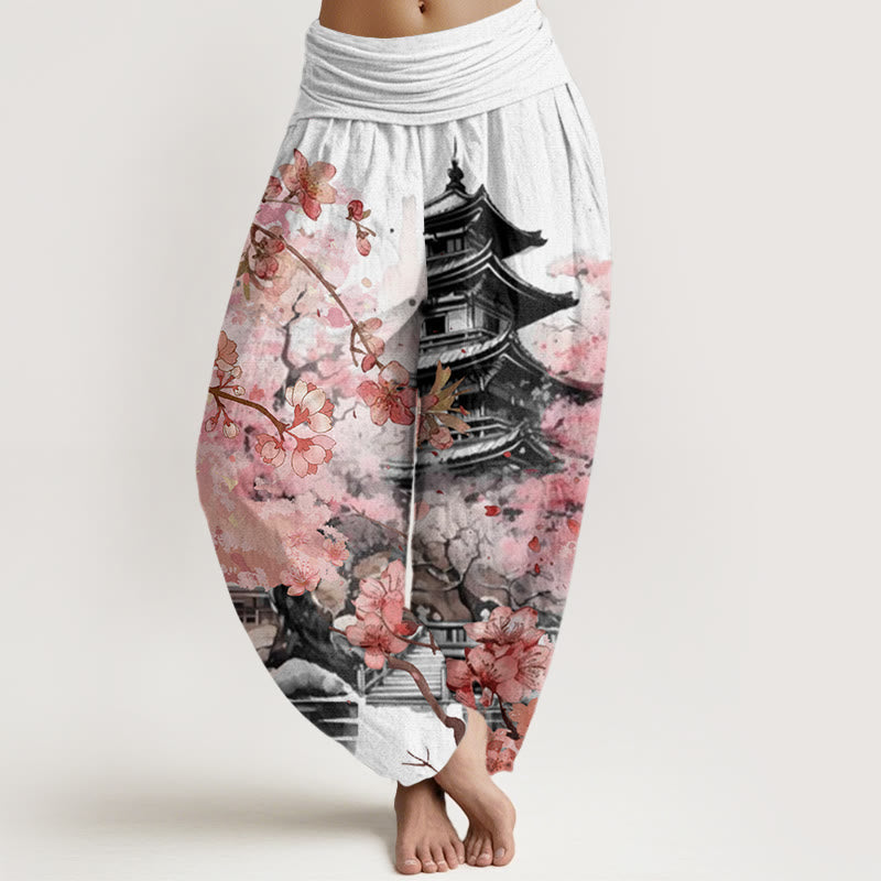 Buddha Stones Cotton Pavilion Cherry Blossom Pattern Women's Elastic Waist Harem Pants - Snow - US22,UK/AU26,EU54 (6XL) - image 4