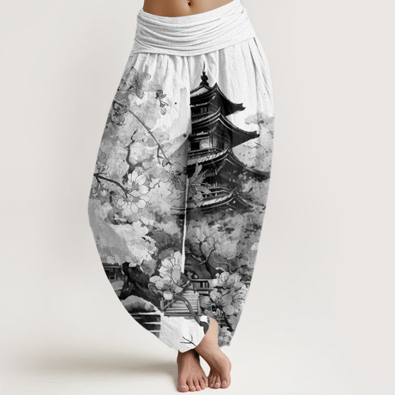 Buddha Stones Cotton Pavilion Cherry Blossom Pattern Women's Elastic Waist Harem Pants - WhiteSmoke - US22,UK/AU26,EU54 (6XL) - image 7
