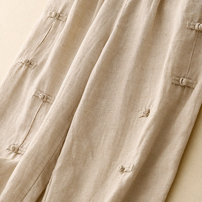 Foviel Casual Plain Frog-Button Design 7-8 Länge Baumwolle Leinen Damen Harem Hose mit Taschen