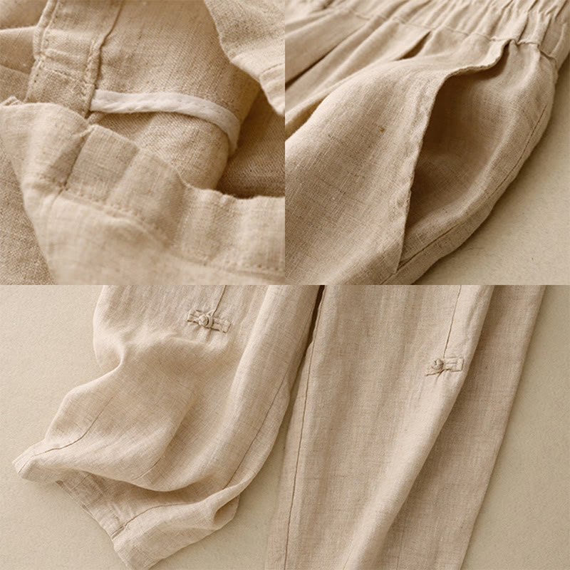 Foviel Casual Plain Frog-Button Design 7-8 Länge Baumwolle Leinen Damen Harem Hose mit Taschen