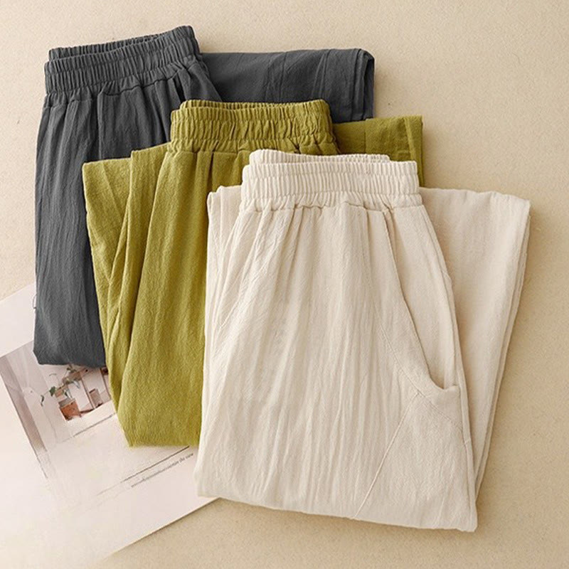 Foviel Daily Plain Elastic Waistband Cotton Linen Women's Pants With Pockets