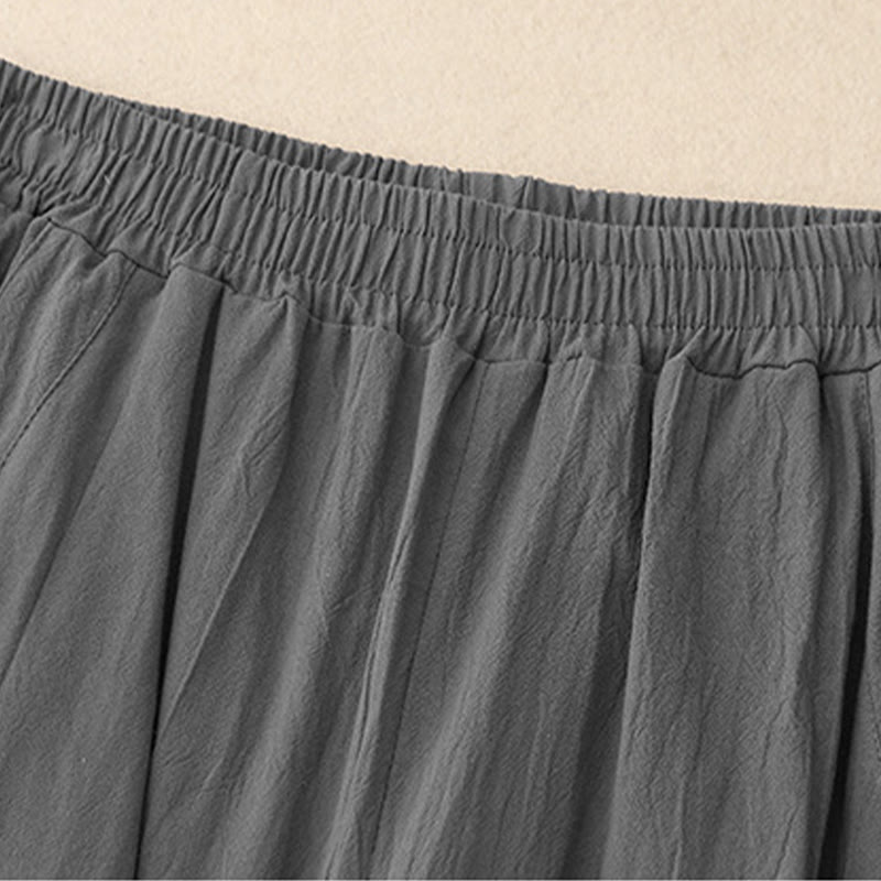 Foviel Daily Plain Elastic Waistband Cotton Linen Women's Pants With Pockets