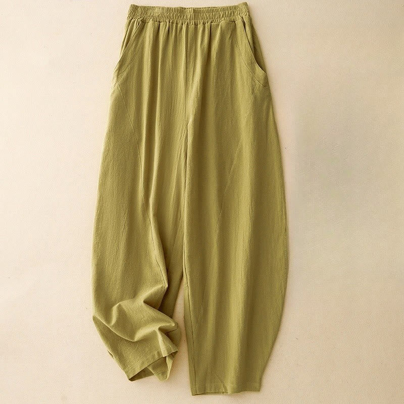 Foviel Daily Plain Elastic Waistband Cotton Linen Women's Pants With Pockets