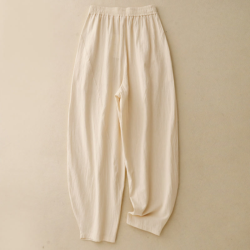 Foviel Daily Plain Elastic Waistband Cotton Linen Women's Pants With Pockets