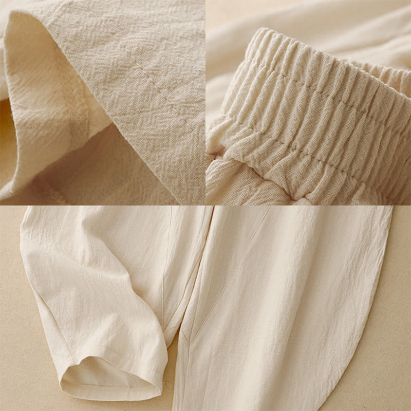 Foviel Daily Plain Elastic Waistband Cotton Linen Women's Pants With Pockets
