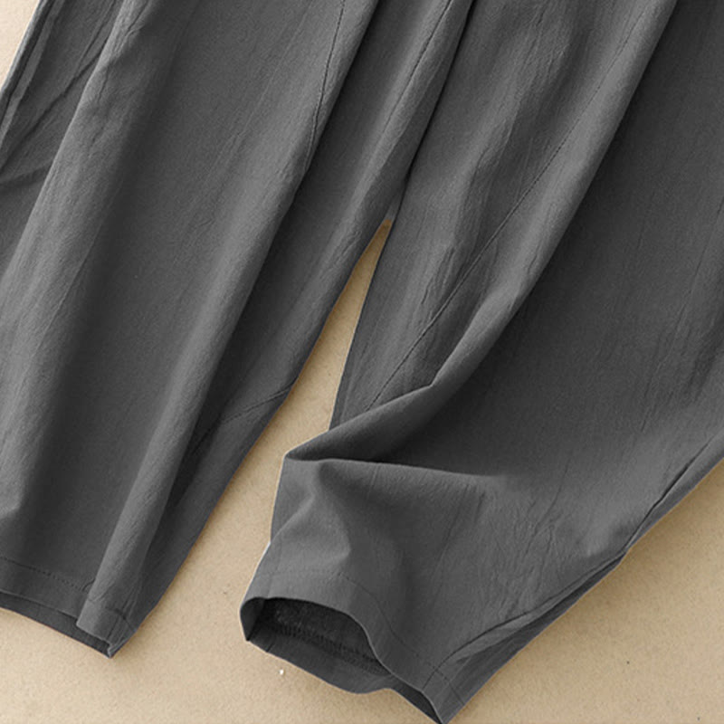 Foviel Daily Plain Elastic Waistband Cotton Linen Women's Pants With Pockets