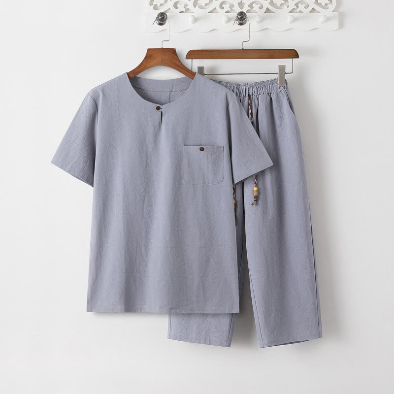 Buddha Stones Summer 2Pcs Plain Short Sleeve T-Shirt 7-8 Length Pants Cotton Linen Tang Suit Men's Meditation Cloth Set With Pockets - LightSteelBlue T-Shirt & LightSteelBlue Pants - US/UK/AU46,EU56 (5XL) - image 10