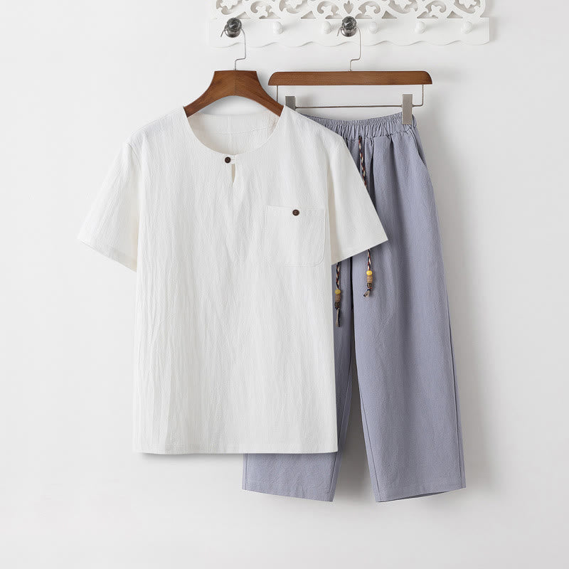 Buddha Stones Summer 2Pcs Plain Short Sleeve T-Shirt 7-8 Length Pants Cotton Linen Tang Suit Men's Meditation Cloth Set With Pockets - White T-Shirt & LightSteelBlue Pants - US/UK/AU46,EU56 (5XL) - image 16