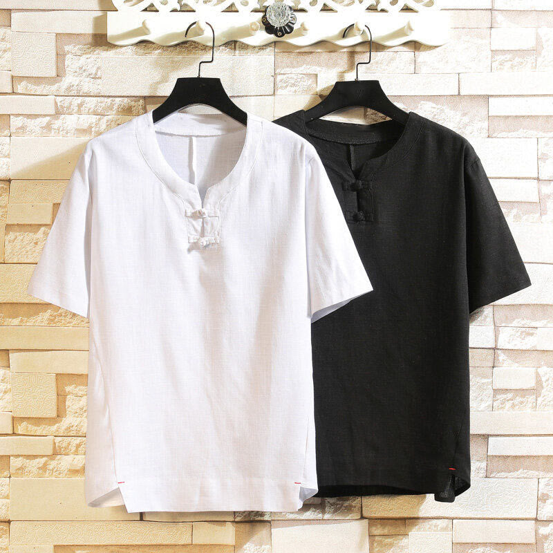 Buddha Stones Summer Chinese Frog-button Men's Solid Color Button Short Sleeve Cotton Linen Shirt - image 12
