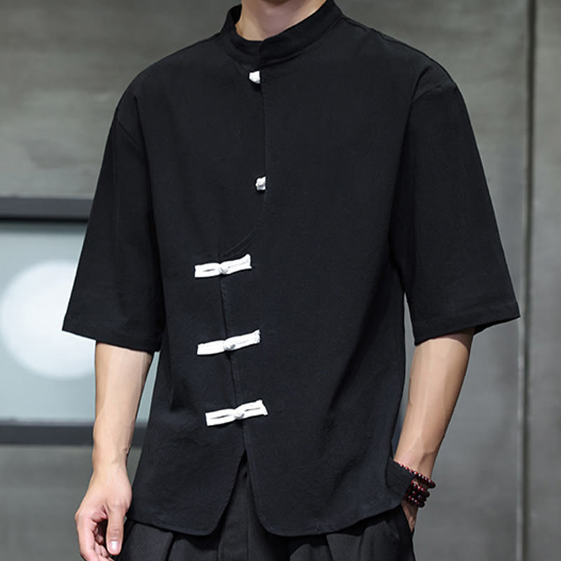 Buddha Stones Plain Chinese Frog-Button Stand Collar Cotton Linen Men's Half Sleeve Shirt - image 3