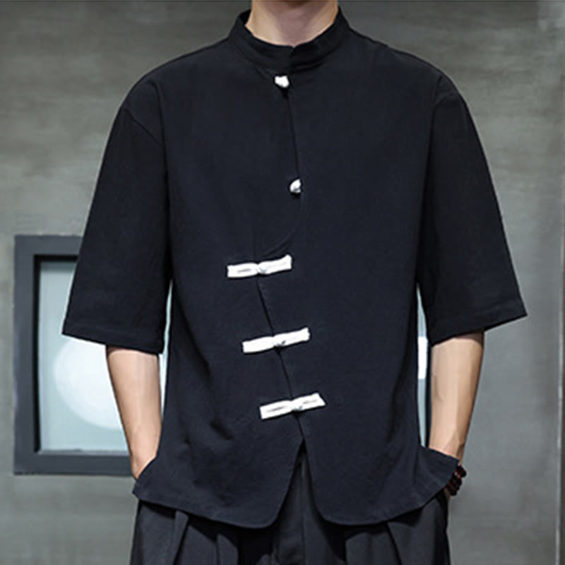 Buddha Stones Plain Chinese Frog-Button Stand Collar Cotton Linen Men's Half Sleeve Shirt - image 1