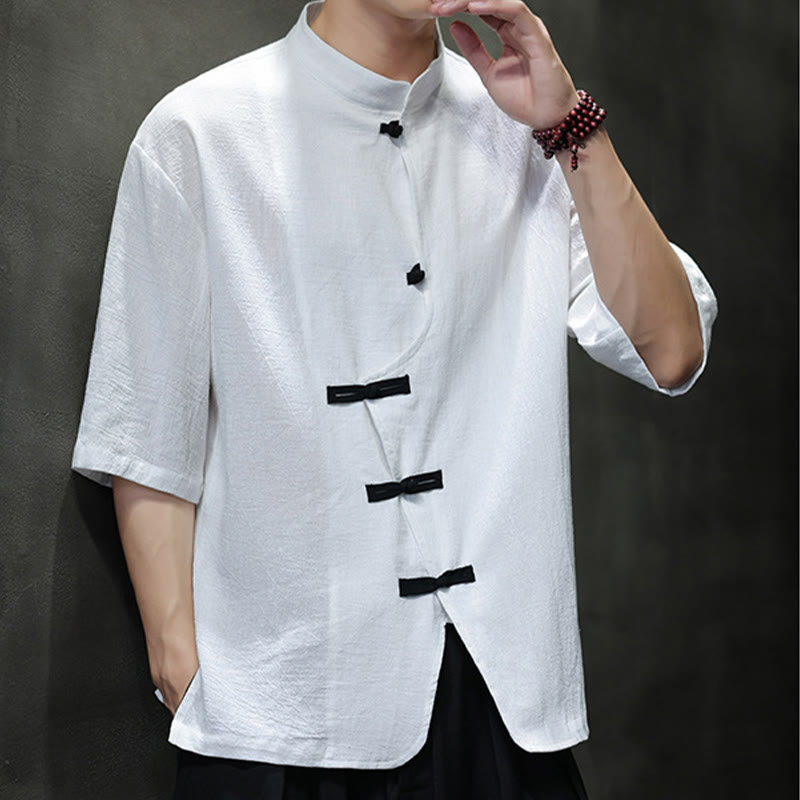 Buddha Stones Plain Chinese Frog-Button Stand Collar Cotton Linen Men's Half Sleeve Shirt - image 9