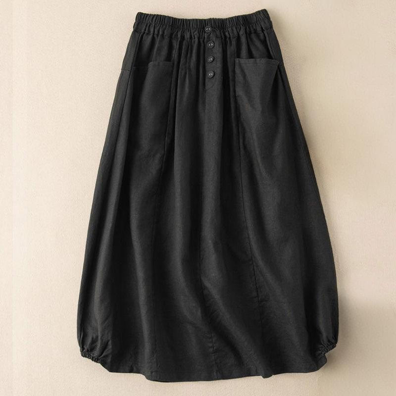 Buddha Stones Summer Solid Button Elastic Waist 7-8 Length Women's Skirt With Pockets - Black - US16,UK/AU20,EU48 (5XL) - image 6