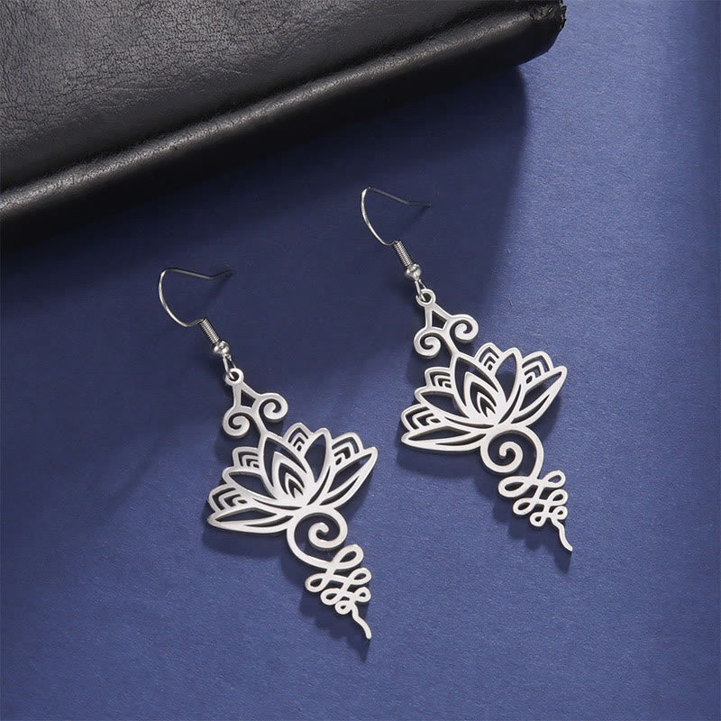 Boucles d'oreilles pendantes en acier inoxydable Foviel avec motif fleur de lotus d'éveil spirituel