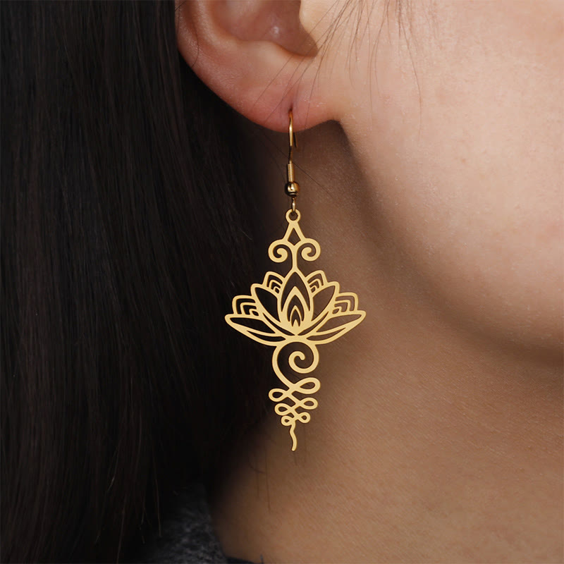 Boucles d'oreilles pendantes en acier inoxydable Foviel avec motif fleur de lotus d'éveil spirituel
