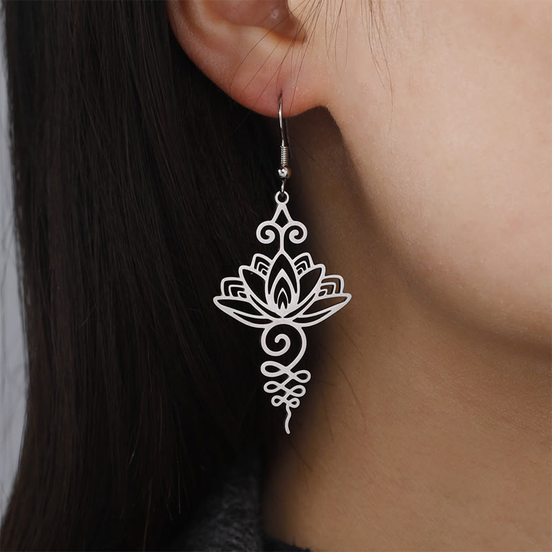 Foviel Hollow Lotus Flower Stainless Steel Enlightenment Metal Drop Earrings