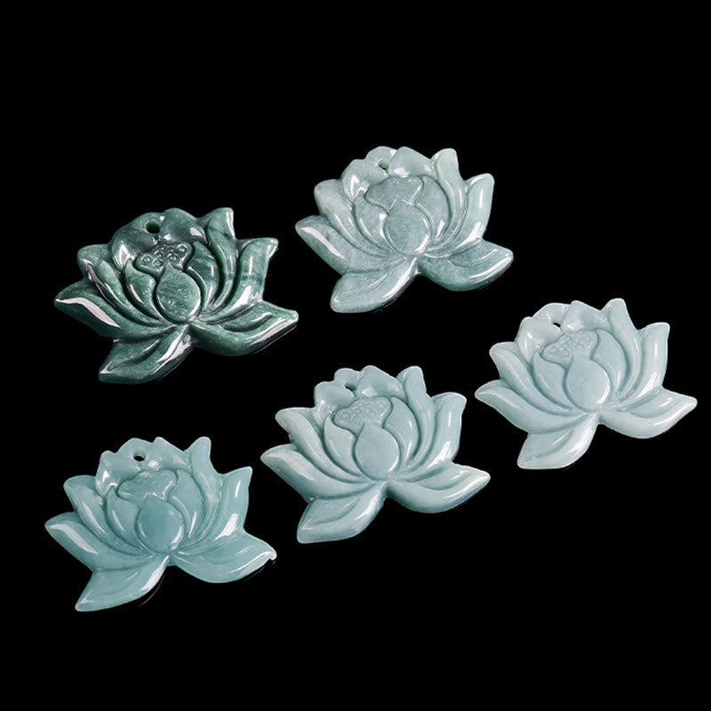 Foviel Lotus Flower Pattern Carved Jade Prosperity Necklace Pendant