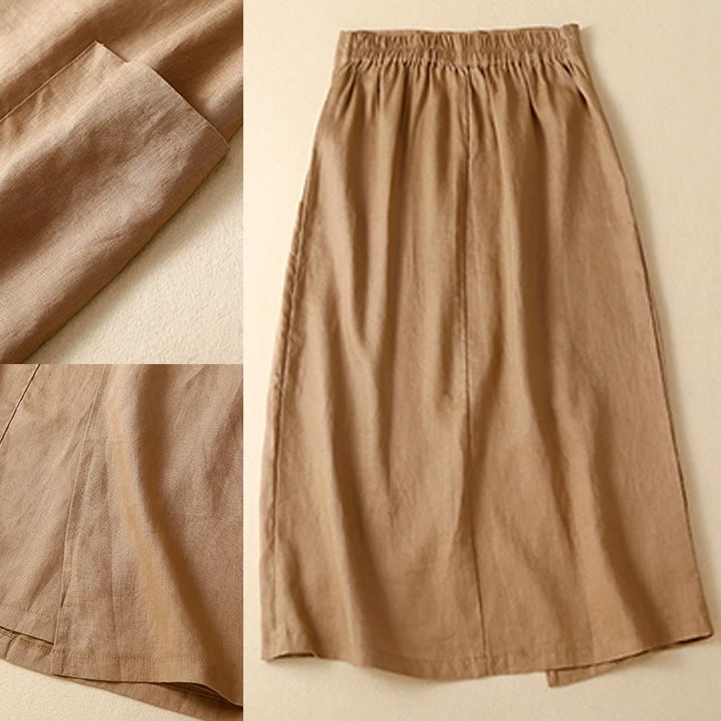 Foviel Vintage Summer Asymmetrical High Waist Women's Cotton Linen Skirt With Pockets