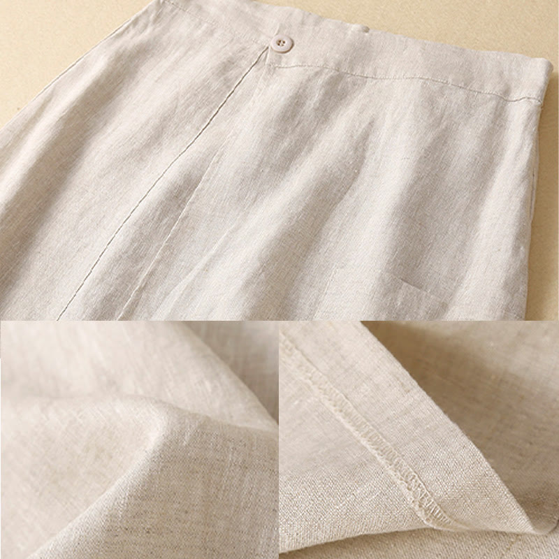 Foviel Vintage Summer Asymmetrical High Waist Women's Cotton Linen Skirt With Pockets
