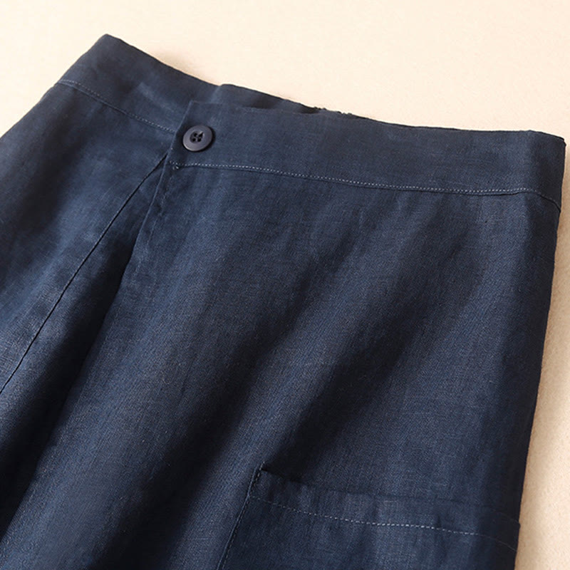Foviel Vintage Summer Asymmetrical High Waist Women's Cotton Linen Skirt With Pockets