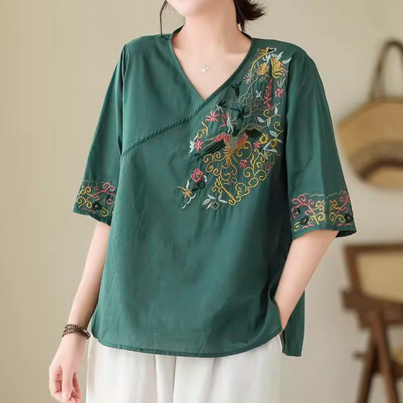 Buddha Stones Casual Colorful embroidery plants bird pattern Women's V-Neck Design Half Sleeve Cotton T-Shirt - SeaGreen - US12,UK/AU16,EU44 (3XL) - image 0