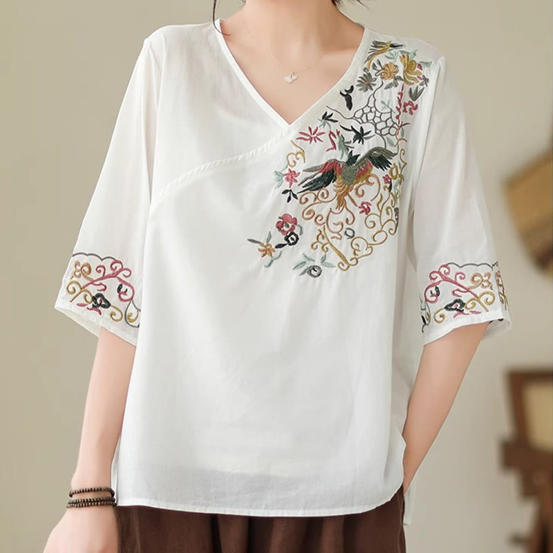 Buddha Stones Casual Colorful embroidery plants bird pattern Women's V-Neck Design Half Sleeve Cotton T-Shirt - White - US12,UK/AU16,EU44 (3XL) - image 5