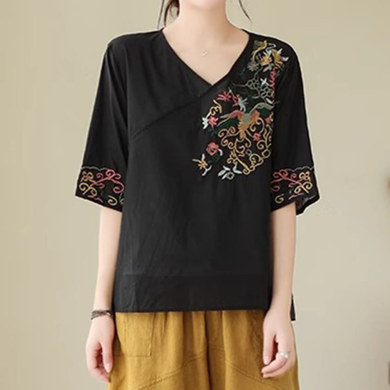 Buddha Stones Casual Colorful embroidery plants bird pattern Women's V-Neck Design Half Sleeve Cotton T-Shirt - Black - US12,UK/AU16,EU44 (3XL) - image 11