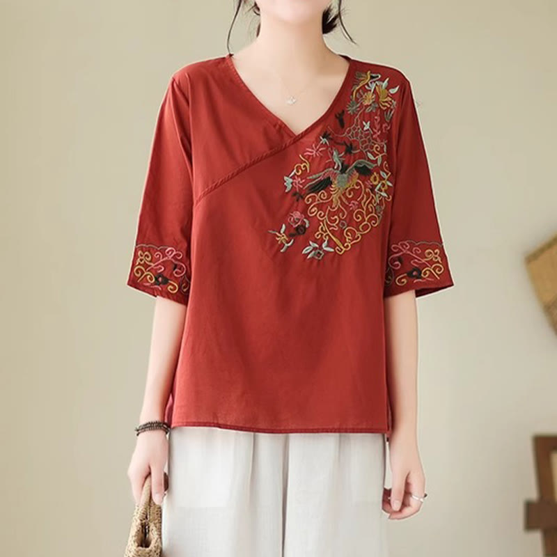 Buddha Stones Casual Colorful embroidery plants bird pattern Women's V-Neck Design Half Sleeve Cotton T-Shirt - FireBrick - US12,UK/AU16,EU44 (3XL) - image 16