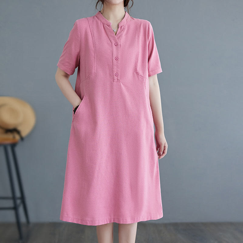 Buddha Stones Casual Daily Pure Color Button Design Short Sleeve Cotton Linen Midi Dress With Pockets - image 3
