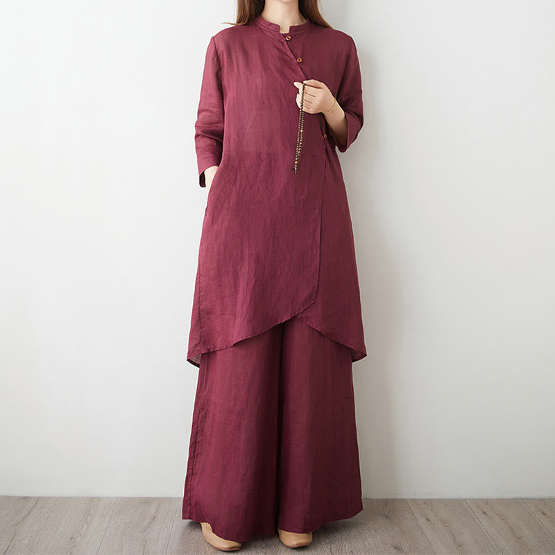 Ensemble Foviel pour femme, 2 pièces, haut à manches trois-quarts et pantalon, en coton et lin, pour la méditation, le zen et le tai-chi