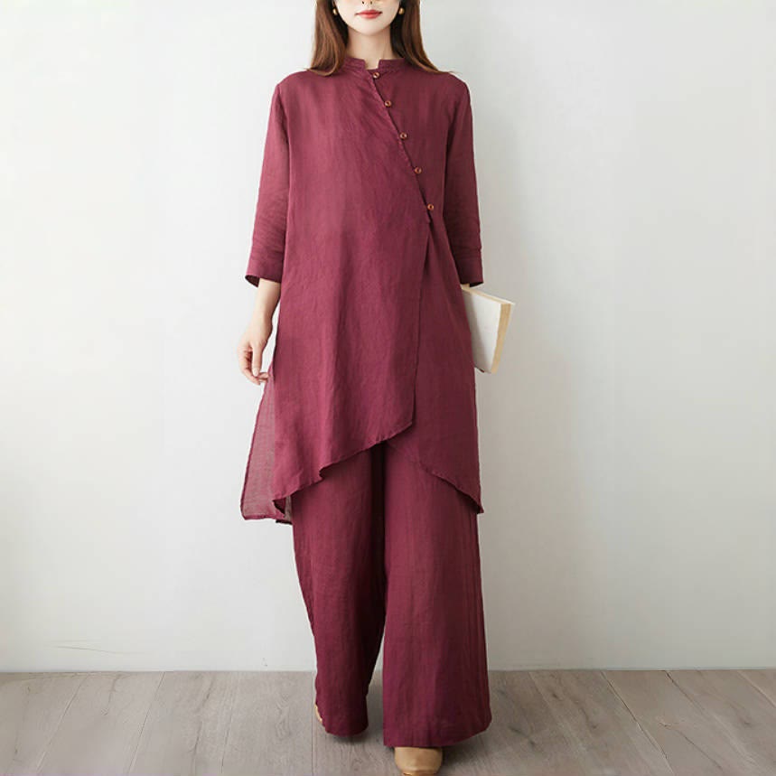 Ensemble Foviel pour femme, 2 pièces, haut à manches trois-quarts et pantalon, en coton et lin, pour la méditation, le zen et le tai-chi