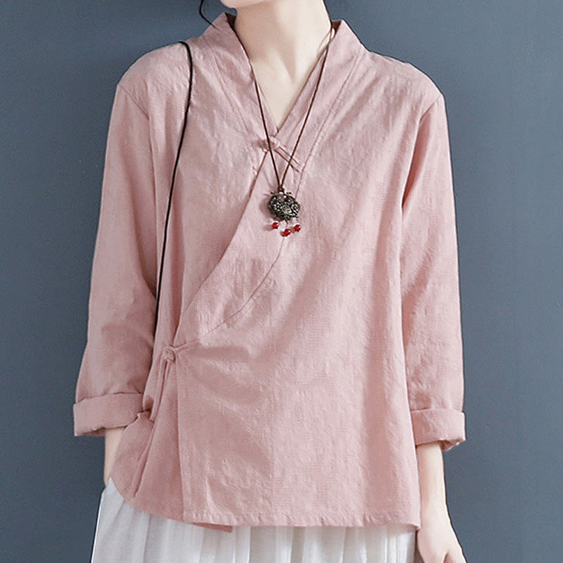Buddha Stones Casual Solid Color Frog Button Long Sleeve Zen Cotton Linen Women's Shirt - Pink - US8-10,UK/AU12-14,EU40-42 (2XL) - image 4