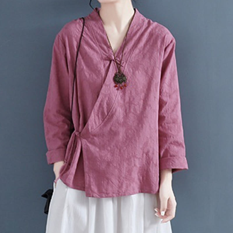 Buddha Stones Casual Solid Color Frog Button Long Sleeve Zen Cotton Linen Women's Shirt - PaleVioletRed - US8-10,UK/AU12-14,EU40-42 (2XL) - image 8