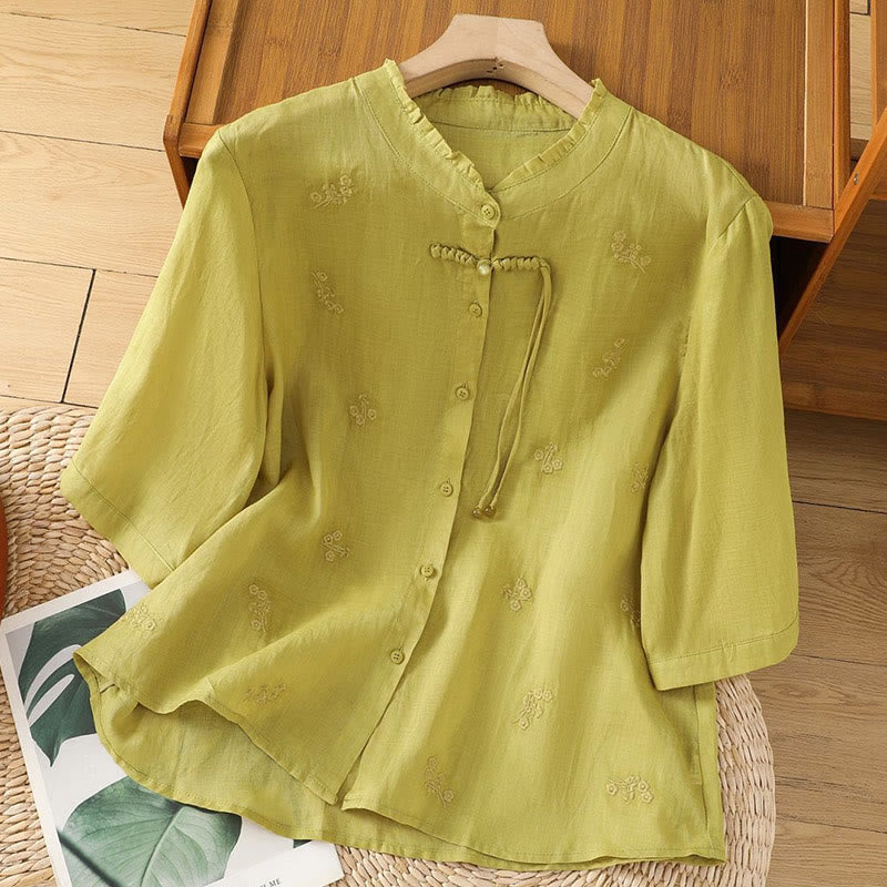 Buddha Stones Casual Embroidered Flowers Button Three Quarter Sleeve Cotton Women's Shirt - Khaki - US12,UK/AU16,EU44 (3XL) - image 0