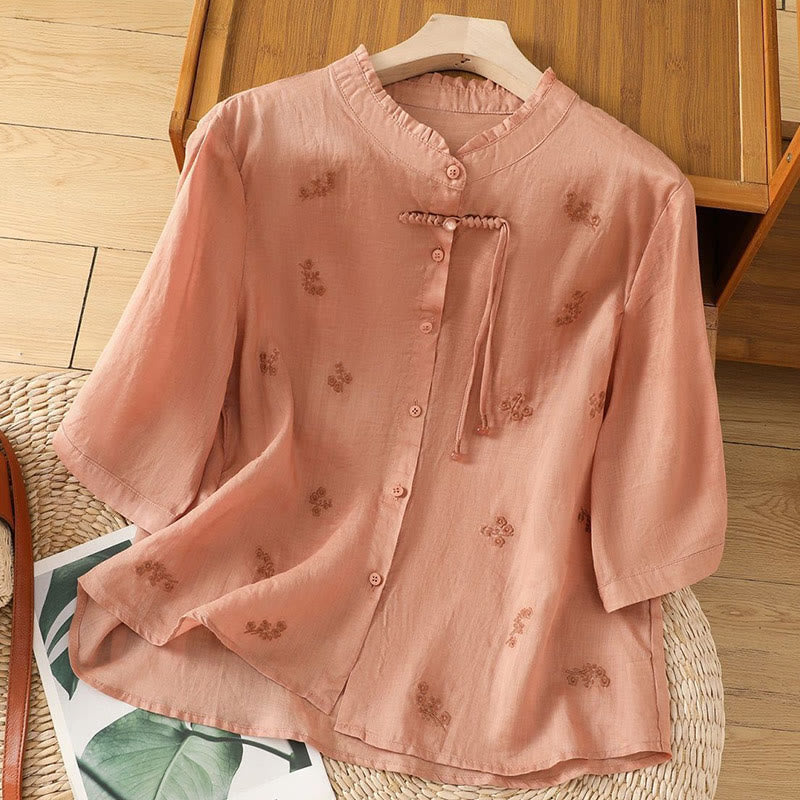 Buddha Stones Casual Embroidered Flowers Button Three Quarter Sleeve Cotton Women's Shirt - LightSalmon - US12,UK/AU16,EU44 (3XL) - image 10