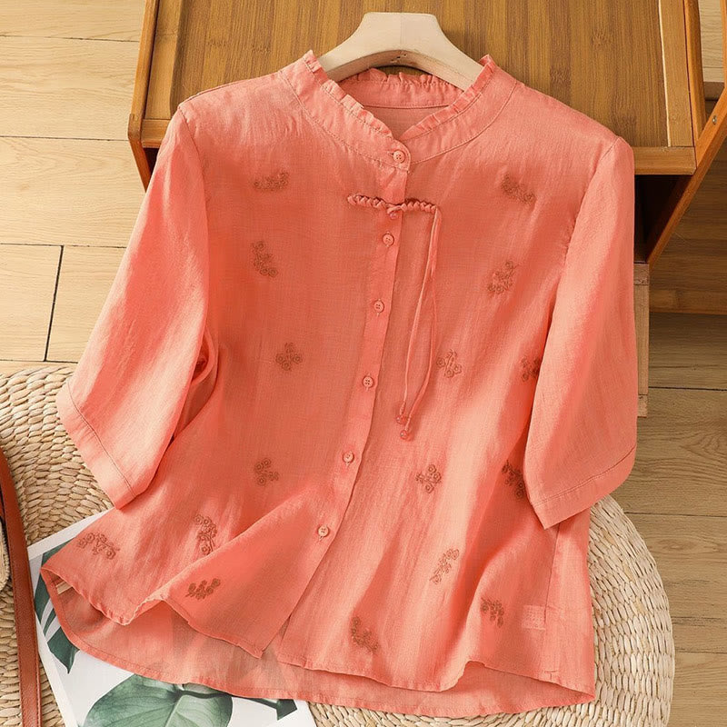 Buddha Stones Casual Embroidered Flowers Button Three Quarter Sleeve Cotton Women's Shirt - Coral - US12,UK/AU16,EU44 (3XL) - image 9