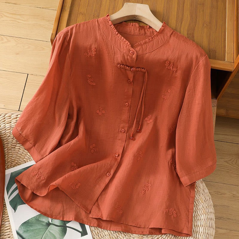 Buddha Stones Casual Embroidered Flowers Button Three Quarter Sleeve Cotton Women's Shirt - Chocolate - US12,UK/AU16,EU44 (3XL) - image 13