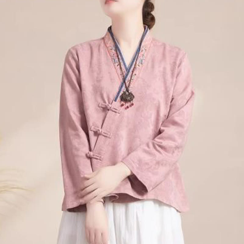 Buddha Stones Embroidered Flowers Grass Frog-Button Long Sleeve Cotton Women's Shirt - Pink - US8-10,UK/AU12-14,EU40-42 (3XL) - image 0