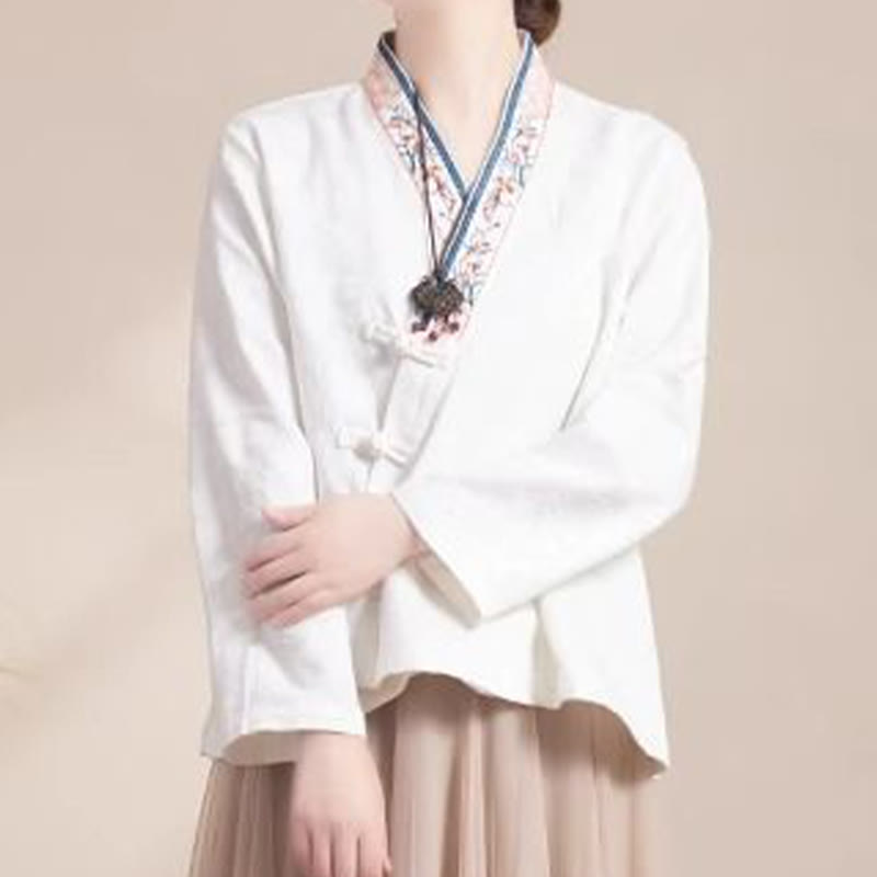 Buddha Stones Embroidered Flowers Grass Frog-Button Long Sleeve Cotton Women's Shirt - White - US8-10,UK/AU12-14,EU40-42 (3XL) - image 13