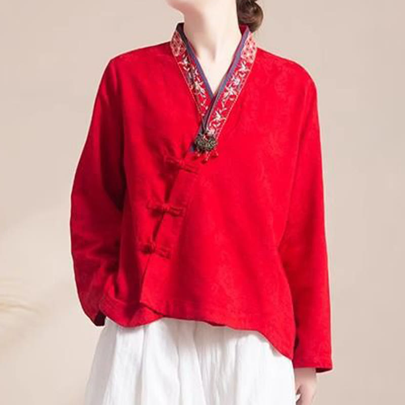 Buddha Stones Embroidered Flowers Grass Frog-Button Long Sleeve Cotton Women's Shirt - Red - US8-10,UK/AU12-14,EU40-42 (3XL) - image 17
