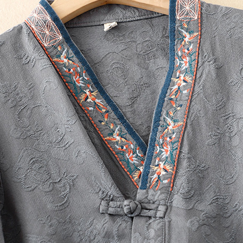 Buddha Stones Embroidered Flowers Grass Frog-Button Long Sleeve Cotton Women's Shirt - image 27