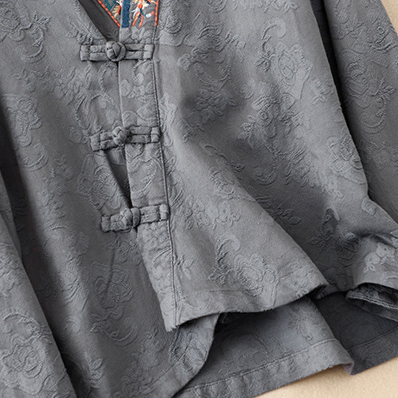 Buddha Stones Embroidered Flowers Grass Frog-Button Long Sleeve Cotton Women's Shirt - image 23