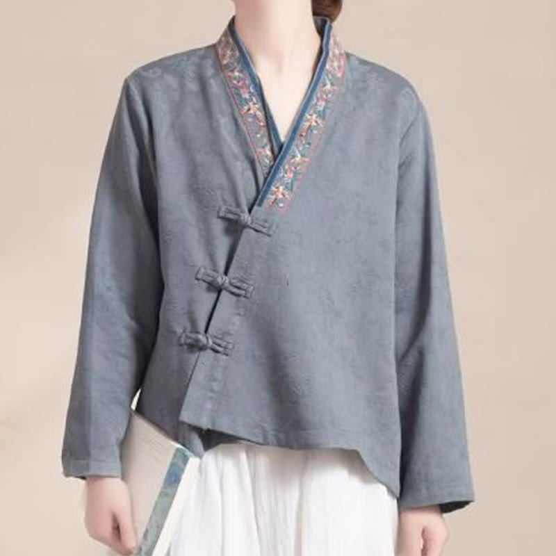 Buddha Stones Embroidered Flowers Grass Frog-Button Long Sleeve Cotton Women's Shirt - Gray - US8-10,UK/AU12-14,EU40-42 (3XL) - image 20