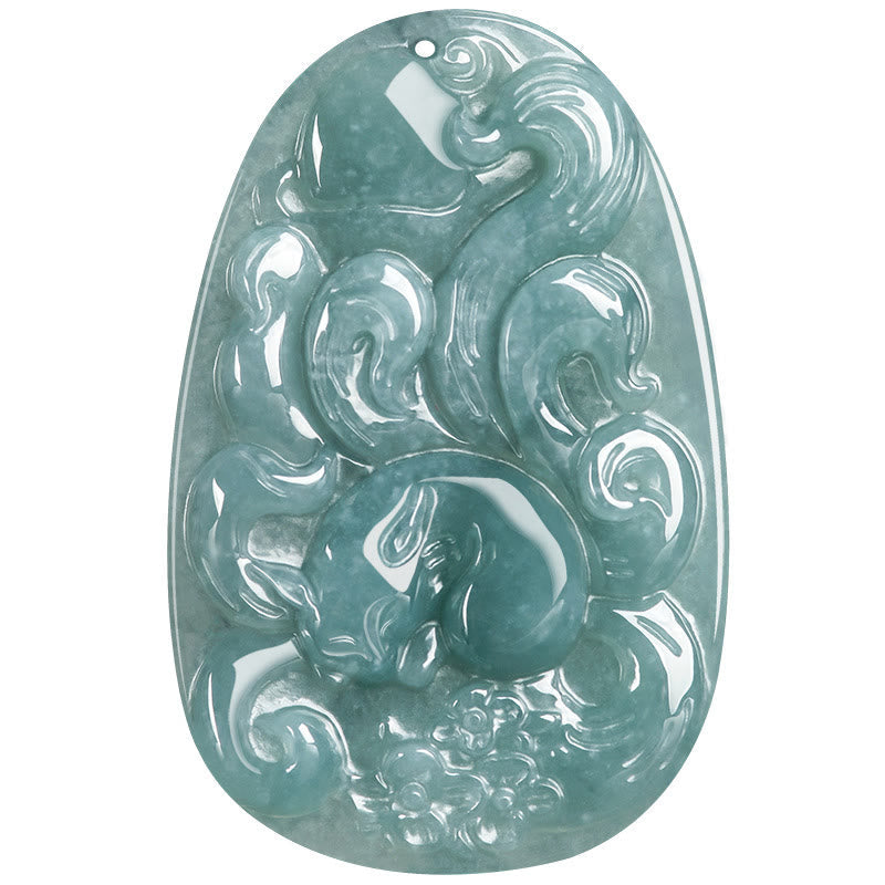 Pendentif collier Foviel en jade vert naturel motif fleur et renard à neuf queues porte-bonheur