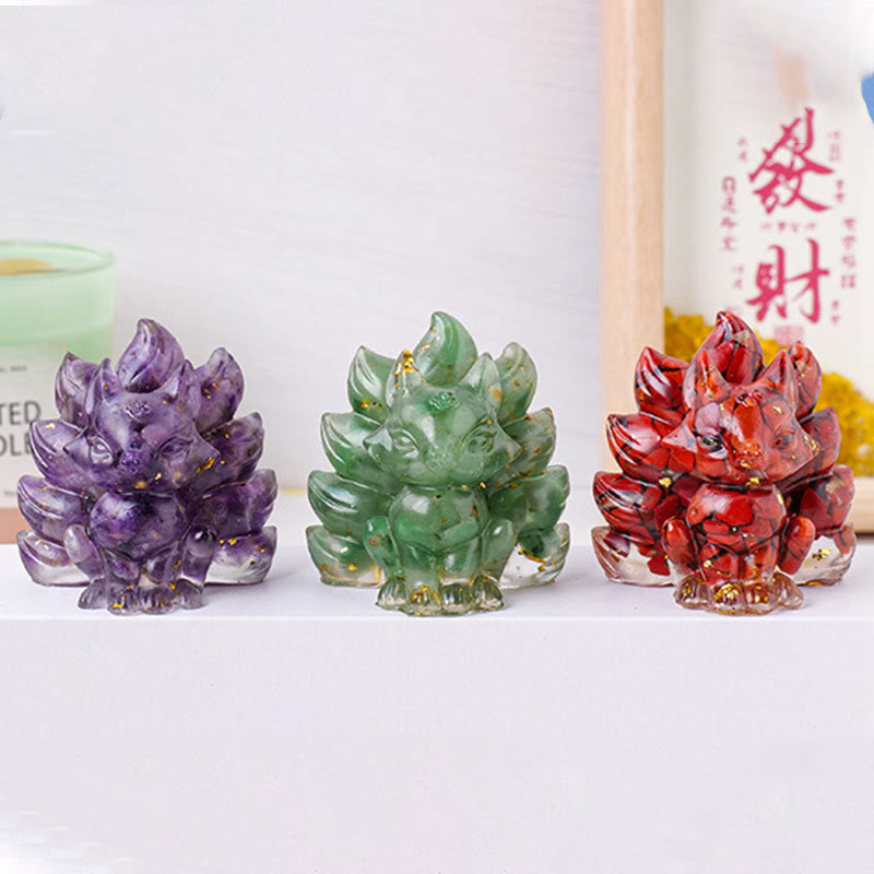 Foviel Kleine verschiedene Stein Erdbeerquarz Amethyst grüner Aventurin Neun Tailed Fox spirituell Wohndekoration