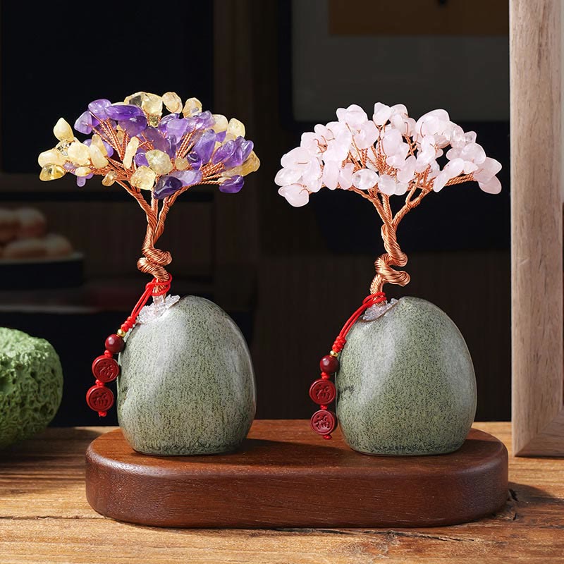 Foviel Citrine Amethyst Green Aventurine Crystal Tree Ceramic Base Prosperity Home Decoration