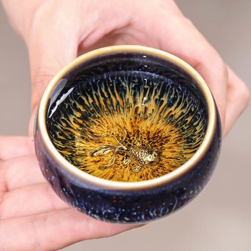 Foviel Handgefertigte chinesische Jianzhan Koi Fisch Lotus Drachen Phoenix 12 chinesische Zodiac Keramik Teebecher Kung Fu Tee Tasse 70ml