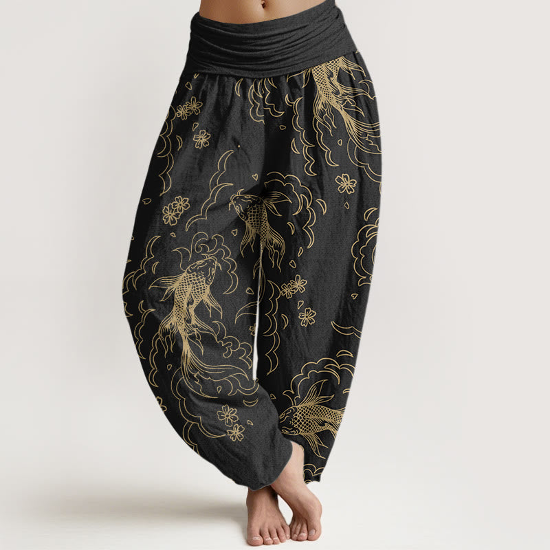 Buddha Stones Cotton Casual Koi Fish Waves And Petal Line Pattern Women's Elastic Waist Harem Pants - Black - US22,UK/AU26,EU54 (6XL) - image 0