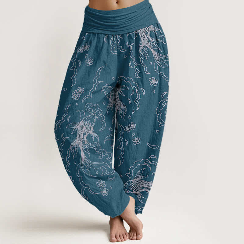 Buddha Stones Cotton Casual Koi Fish Waves And Petal Line Pattern Women's Elastic Waist Harem Pants - SteelBlue - US22,UK/AU26,EU54 (6XL) - image 7